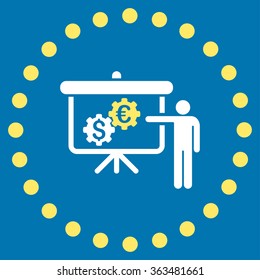 International Banking Project vector icon. Style is bicolor flat circled symbol, yellow and white colors, rounded angles, blue background.
