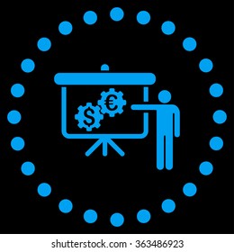 International Banking Project vector icon. Style is flat circled symbol, blue color, rounded angles, black background.