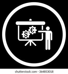 International Banking Project vector icon. Style is flat circled symbol, white color, rounded angles, black background.