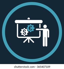 International Banking Project vector icon. Style is bicolor flat circled symbol, blue and white colors, rounded angles, dark blue background.