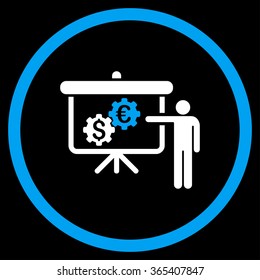 International Banking Project vector icon. Style is bicolor flat circled symbol, blue and white colors, rounded angles, black background.