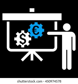 International Banking Project vector icon. Style is bicolor flat symbol, blue and white colors, black background.