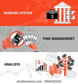 International banking system financial analysis and time management 3 flat horizontal banners set abstract vector isolated illustration