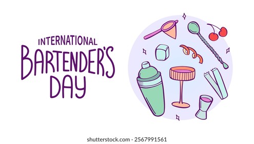 International Bartender day greeting banner. Set of elements bartender makes cocktail. Ice, shaker, stirring spoon, jigger, glass, citrus peel. Sketch style, crooked doodle. Vector illustration.