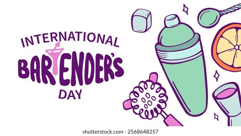 International Bartender day greeting banner. Set of elements bartender makes cocktail. Ice, shaker, stirring spoon, jigger, glass, citrus peel. Sketch style, crooked doodle. Vector illustration.