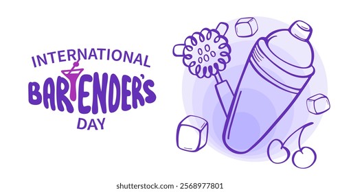 International Bartender day greeting banner. Set of elements bartender makes cocktail. Ice, shaker, stirring spoon, jigger, glass, citrus peel. Sketch style, crooked doodle. Vector illustration.