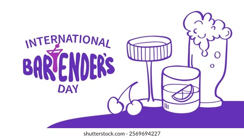 International Bartender day greeting banner. Cocktail and beer glasses are on table. Hand drawn groovy lettering. Bar themed background. Sketch freehand style. Crooked doodle vector illustration.