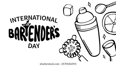 International Bartender day greeting banner. Set of elements bartender makes cocktail. Ice, shaker, stirring spoon, jigger, glass, citrus peel. Sketch style, crooked doodle. Vector illustration.