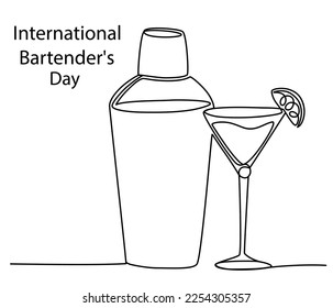 International Bartender's Day. 6 February. Cocktail glasses and shaker line art. Template for background, banner, card, poster with text inscription. Vector Continuous line illustration