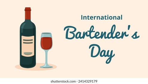 International Bartenders Day background. Bottle of wine and wineglass.