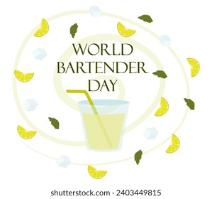 International Bartenders Day banner with Glass and cocktail ingredients. 6 February. Vector Flat Template for Banner, card, poster. Illustration with Spritz cocktail with lime slice and ice cubes.