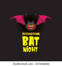 International bat night banner or poster with cartoon bat on black night background. Vector illustration