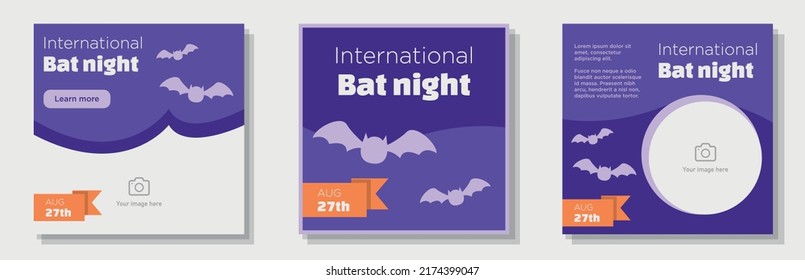 International bat night social media post, banner set, flying mammal celebration advertisement concept, world bats animal appreciation marketing square ad, August 27th abstract print, isolated.