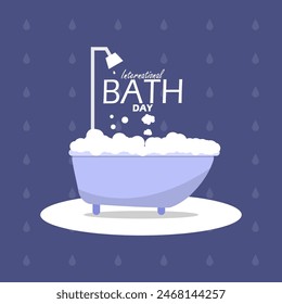 International Bath Day event banner. A bathtub with soap bubbles and a shower faucet on dark turquoise background to celebrate on June 14th