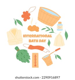 Día Internacional del Baño. Ilustración vectorial. Imprimir con elementos de baño en un estilo plano.