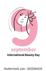 International beauty day. 9 september. Woman face with flower vector line illustration. Nature cosmetics. 