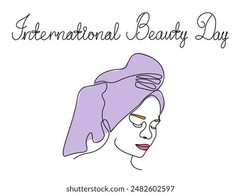 international beauty day. continuous single line art hand drawing sketch, abstract woman with wet hair and a towel on her head