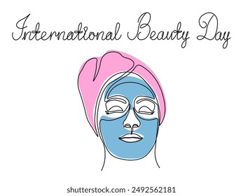 international beauty day. continuous single line art hand drawing sketch, abstract woman in a SPA with facial mask, face mask