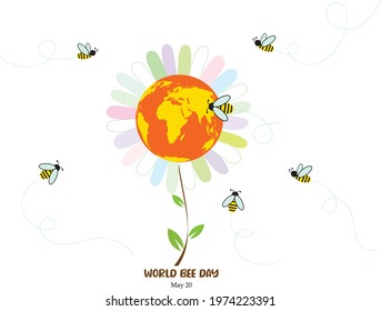 International bee day concept. 
Bees fly around planet Earth. The middle of a flower with petals, as a symbol of the fact that bees fly around the planet. vector illustrations