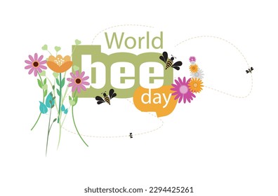 International bee day .May 20, English text, flowers and bees on white background.