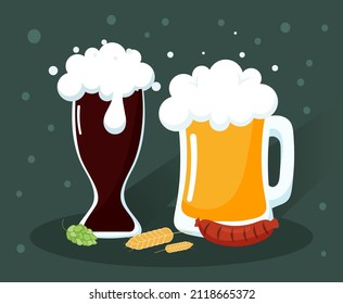 International beer day abstract concept. Green poster with light and dark beer in large glass mugs, Bavarian sausage and ear of wheat. Design element for postcard. Cartoon flat vector illustration