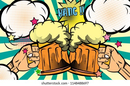 International beer day.Pop art retro background.Comic Cartoon style.design for International beer day festival.banner, flyer, invitation, poster, web site or greeting card.vector illustration