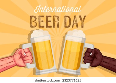 international beer day background illustration with two hands holding big glasses of beer