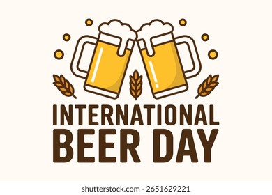 International beer day badge with clinking mugs and bubbles for brewery celebration or drink party design