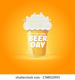international beer day banner or poster with beer glass isolated on orange beer background . Happy beer day label or greeting card