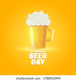 international beer day banner or poster with beer glass isolated on orange beer background . Happy beer day label or greeting card