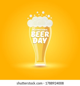 international beer day banner or poster with beer glass isolated on orange beer background . Happy beer day label or greeting card