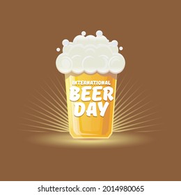 international beer day banner or poster with beer glass and vintage ribbon with greeting text isolated on brown background . Happy beer day label or greeting card