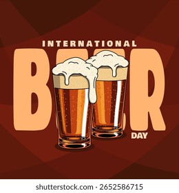 Dia Internacional da Cerveja, celebrado na primeira sexta-feira de agosto. Dois copos cheios de cerveja com espuma abundante em um fundo marrom. Banner do evento Drink.