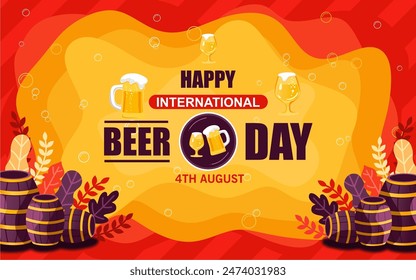 international beer day celebration banner or background, with full beer glasses, beer barrels and beautiful floral ornaments with vibrant colors