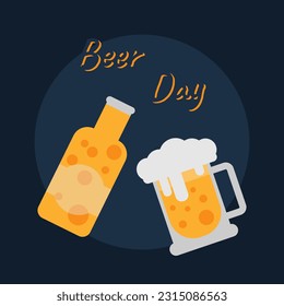 International beer day celebration. The bottle and a glass of beer is on dark blue background in flat style. Cold beverage for pub and bar club.   