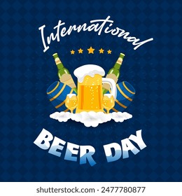 International Beer Day. international beer day celebration.international beer day banner with kegs and bottles and glasses of beer, with white flags and stars, template. vector illustration.