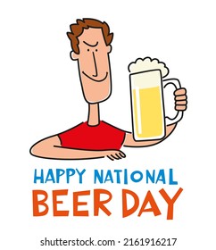 International beer day. Cheerful cool guy with a mug of lager