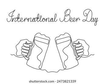 International Beer Day. continuous single line art drawing sketch, logo. Abstract two hands with mug, glass beer,toast