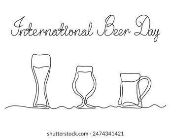 International Beer Day. continuous single line art drawing sketch, logo. set of three beer glasses