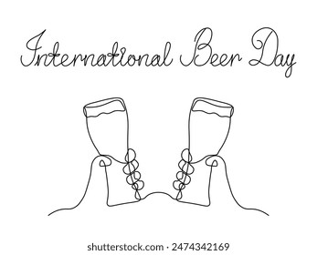 International Beer Day. continuous single line art drawing sketch, logo. Abstract two hands with mug, glass beer,toast