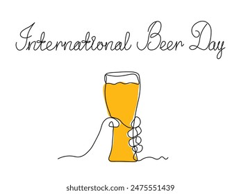 International Beer Day. continuous single line art drawing sketch, logo. Abstract hand with mug, glass beer