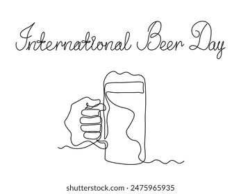 Día Internacional de la Cerveza. boceto de dibujo de una sola línea continua, logotipo. Mano Abstractas con taza, cerveza de vidrio