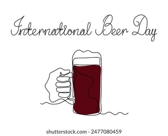 International Beer Day. continuous single line art drawing sketch, logo. Abstract hand with mug, glass beer