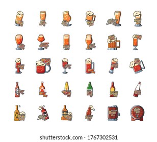 International beer day detailed style icon set design, Festival pub alcohol bar and drink theme Vector illustration