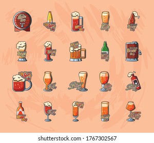 International beer day detailed style icon set design, Festival pub alcohol bar and drink theme Vector illustration