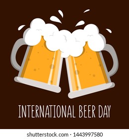 International beer day greeting card vector design. Alcohol drink in the glass mug. Celebration in august. Poster for bar and pub. Orange beverage.