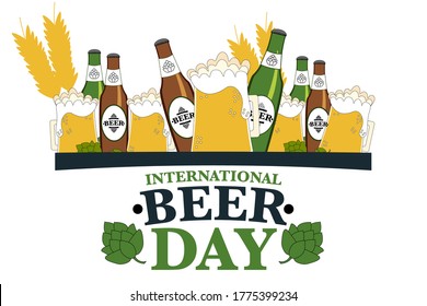 International Beer Day. Holiday concept. Template for background, banner, card, poster with text inscription. Vector EPS10 illustration