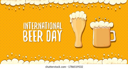 international beer day horizontal banner or poster with beer glass isolated on abstract orange beer  background with foam frame. Happy beer day vintage hand drawn greeting card or flyer