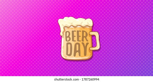 international beer day horizontal banner or poster with beer glass isolated on abstract violet  background . Happy beer day vintage hand drawn greeting card or flyer