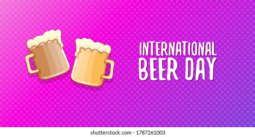 international beer day horizontal banner or poster with beer glass isolated on abstract violet  background . Happy beer day vintage hand drawn greeting card or flyer